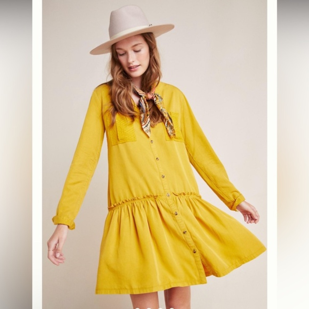 MaEve by‎ Anthropologie Marlie Mustard Button-Front Tunic Dress Size 14